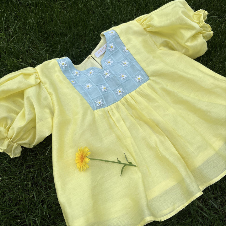 Girls yellow two piece set with floral embroidery travel outfit