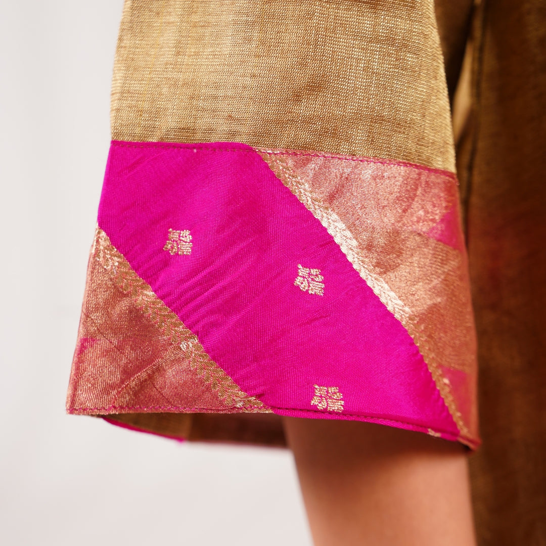 Luxury festive kids sharara set golden brocade kurti with pink organza dupatta couture