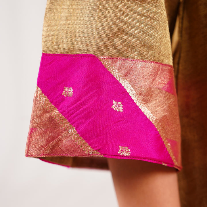 Luxury festive kids sharara set golden brocade kurti with pink organza dupatta couture