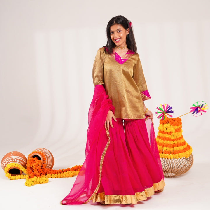 Girls pink organza sharara with golden lace dupatta Diwali and Navratri ethnic outfit