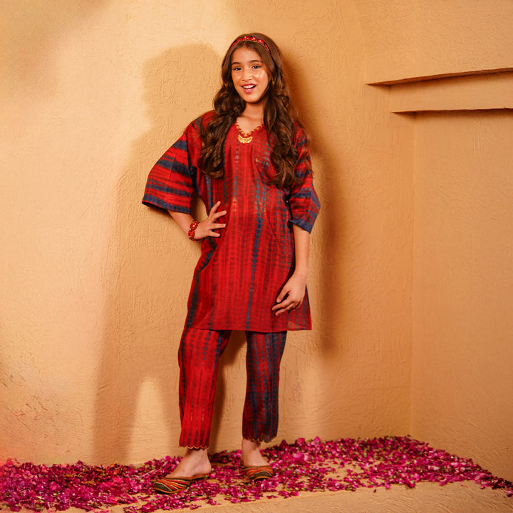 Durga Ashtami festive kaftan for girls in luxury tie dye with golden scallop handwork
