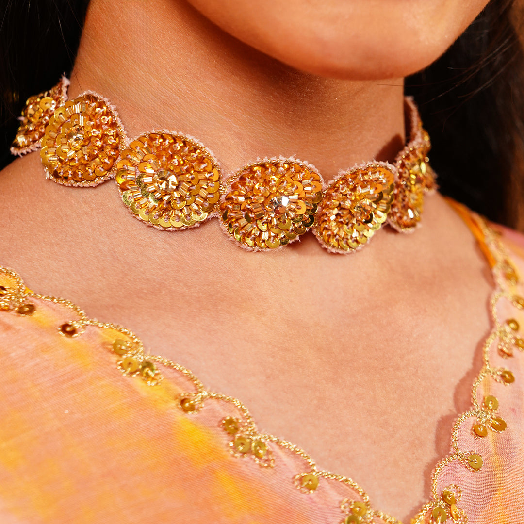 Luxury golden choker necklace for teens with sequin handwork to pair with lehenga sharara in Mumbai