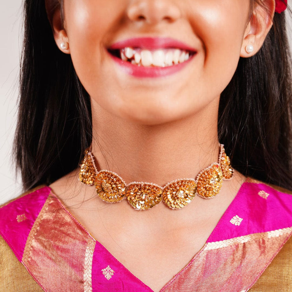 Elegant golden sequence choker in Bandra, soft and shimmery jewelry to match lehengas, sharara suits, and salwar sets.