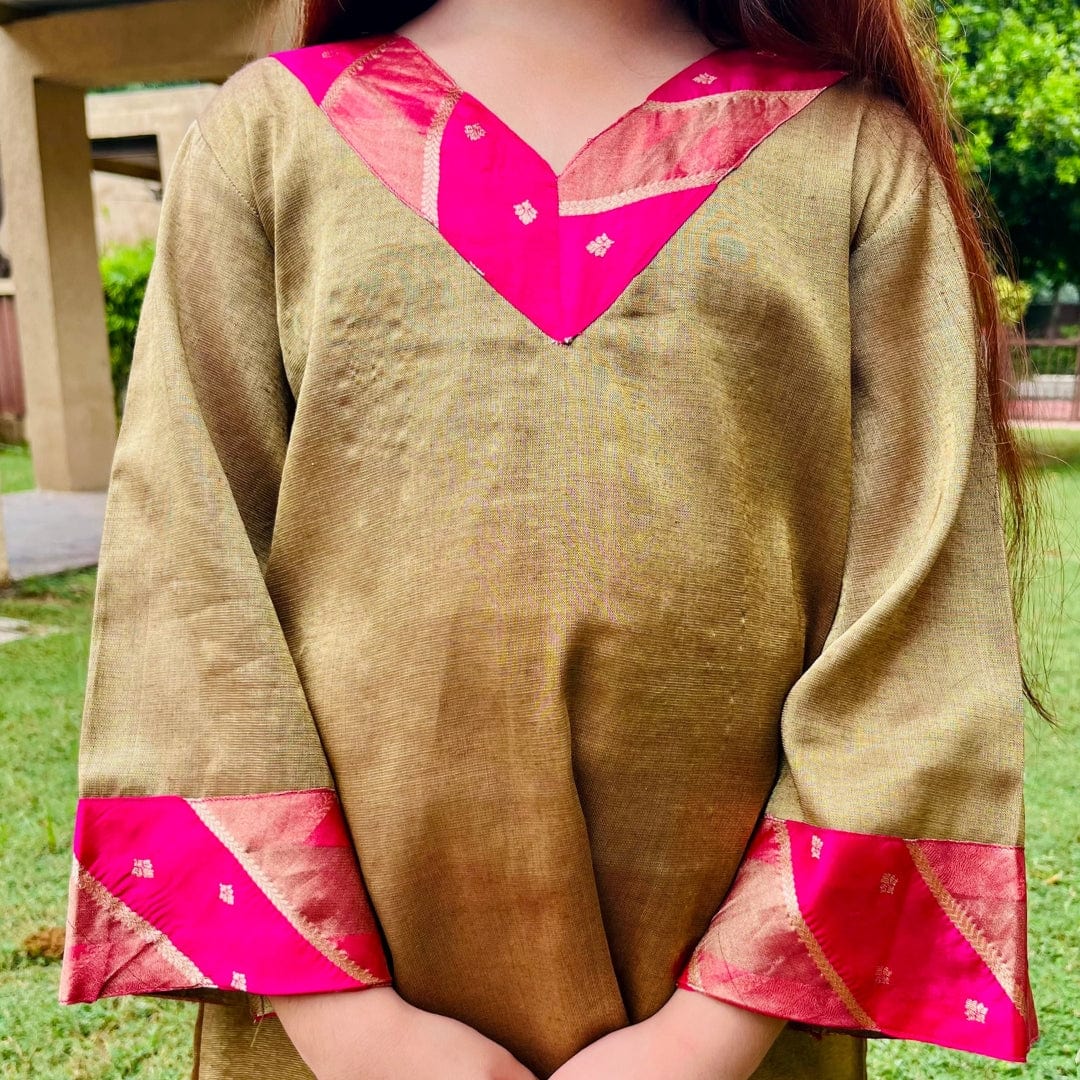 Traditional golden ethnic wear for girls with fuschia pants and dupatta for sangeet