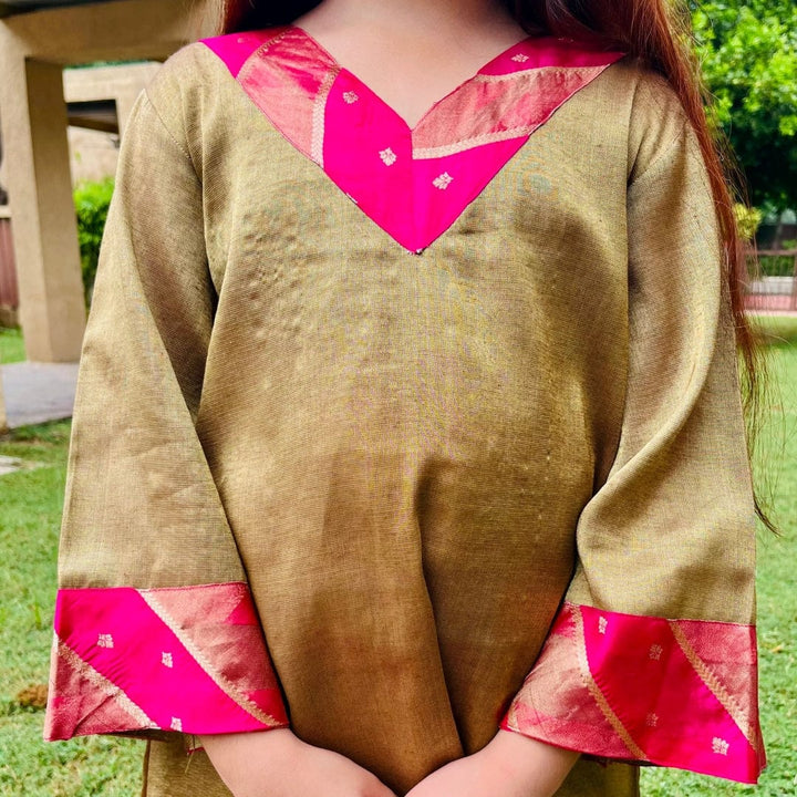 Traditional golden ethnic wear for girls with fuschia pants and dupatta for sangeet