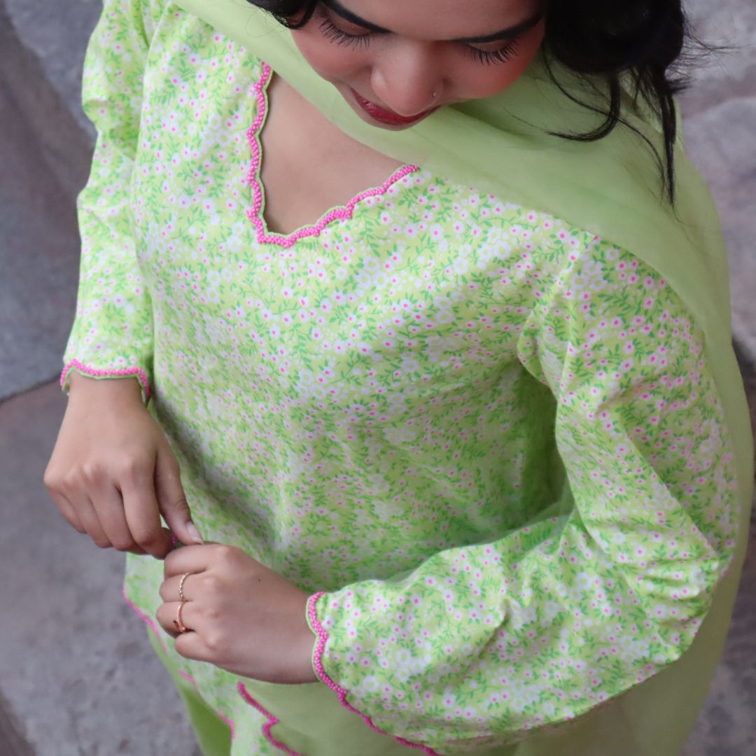 Green floral farshi salwar set for girls for posh Gurgaon weddings