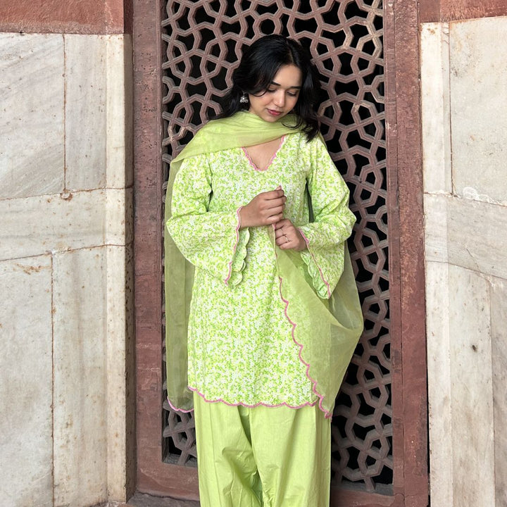 Green pearl scallop ethnic wear for girls for Qatar Diwali party