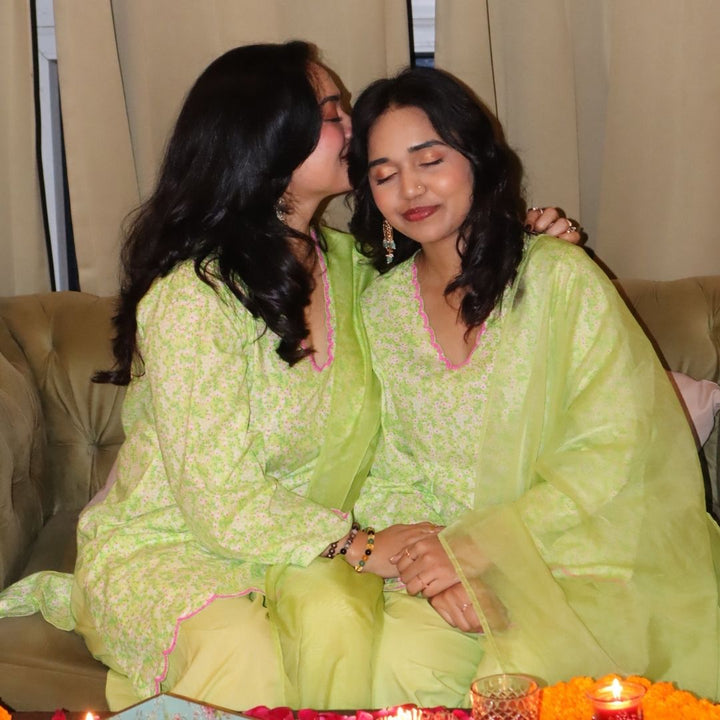 Green pearl scallop sharara style farshi for Diwali in Delhi