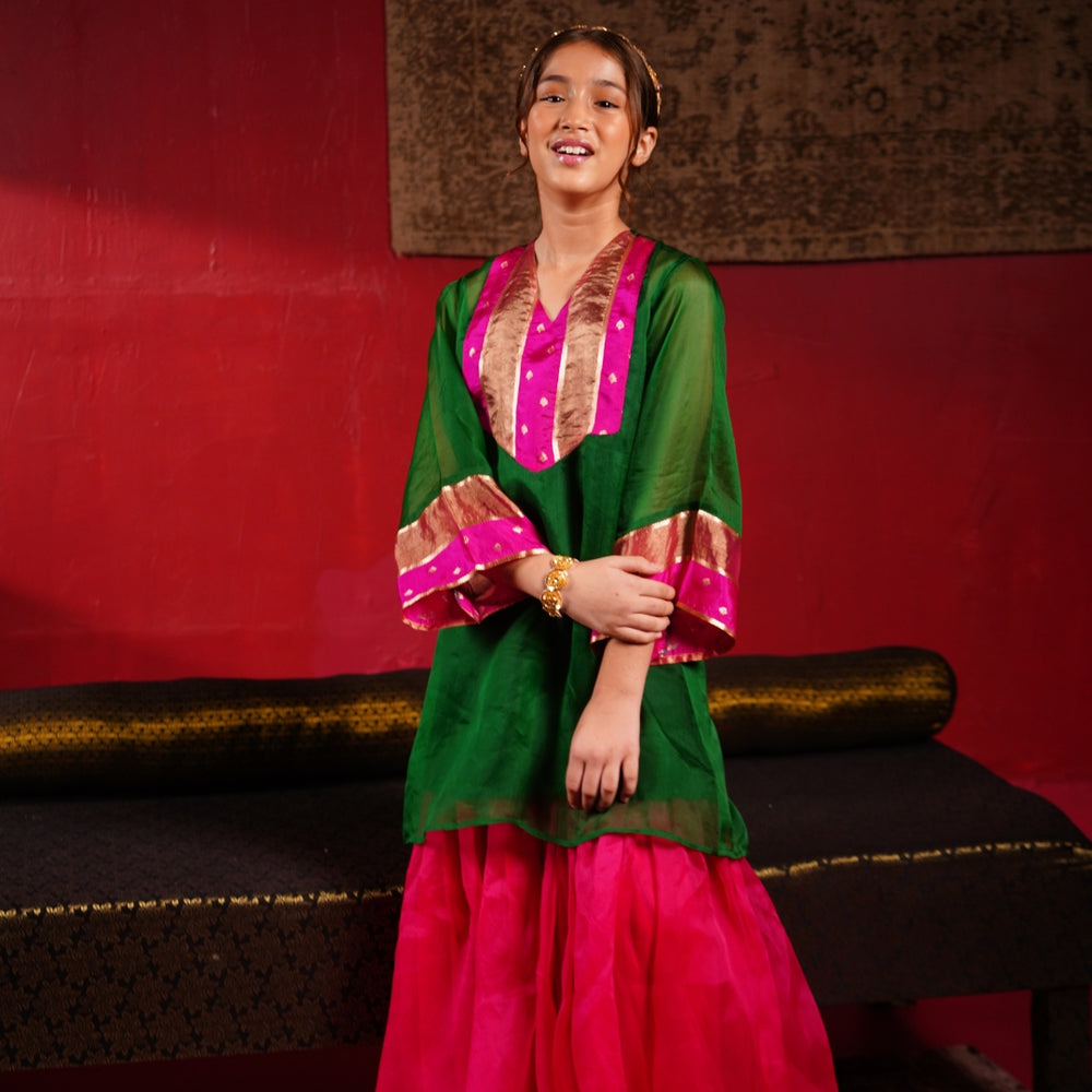 Emerald green fuchsia pink festive sharara set for girls Navratri outfit
