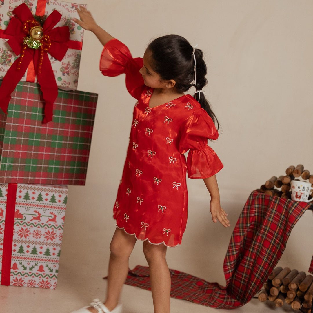 Hand-embroidered red tunic for girls for Christmas event in Hyderabad
