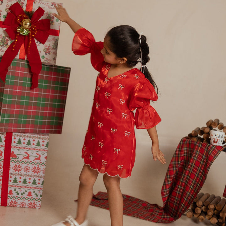 Hand-embroidered red tunic for girls for Christmas event in Hyderabad