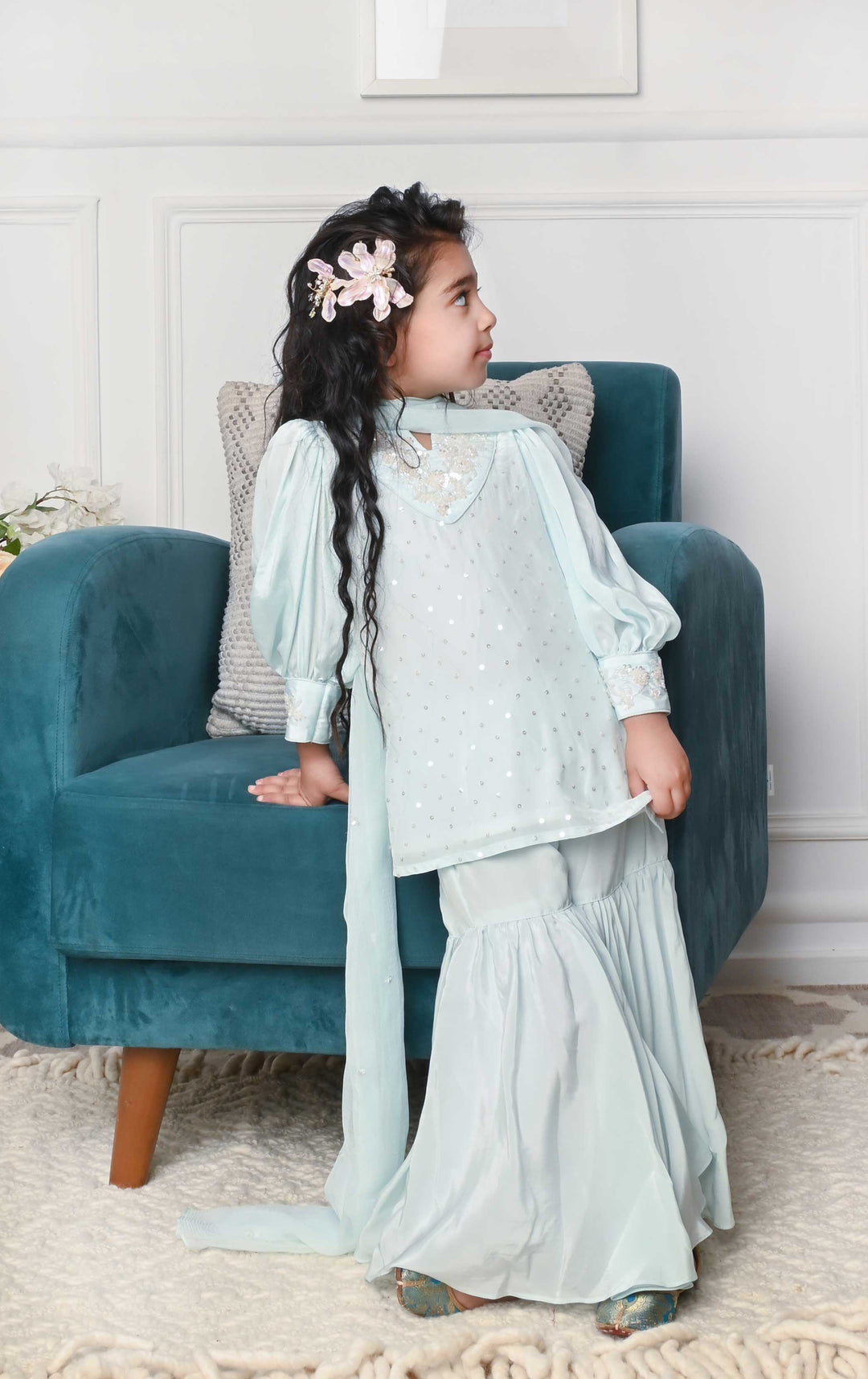 Handcrafted aqua blue sharara suit for girls elegant ethnic wear Singapore Saudi Arabia