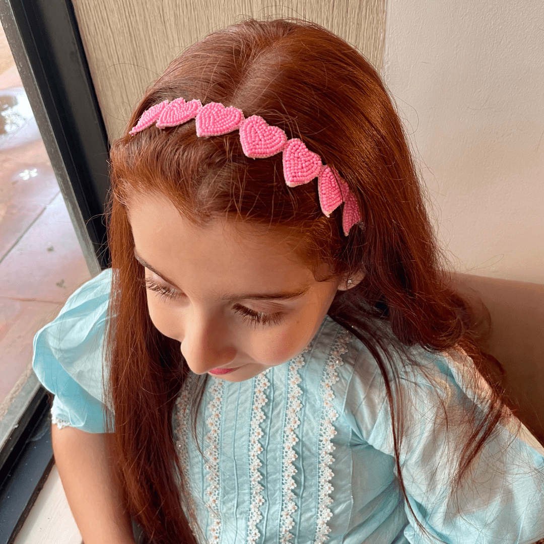 Soft baby pink heart bead embellished headband for women, perfect for Mehendi and Haldi in Mumbai Bandra celebrations.