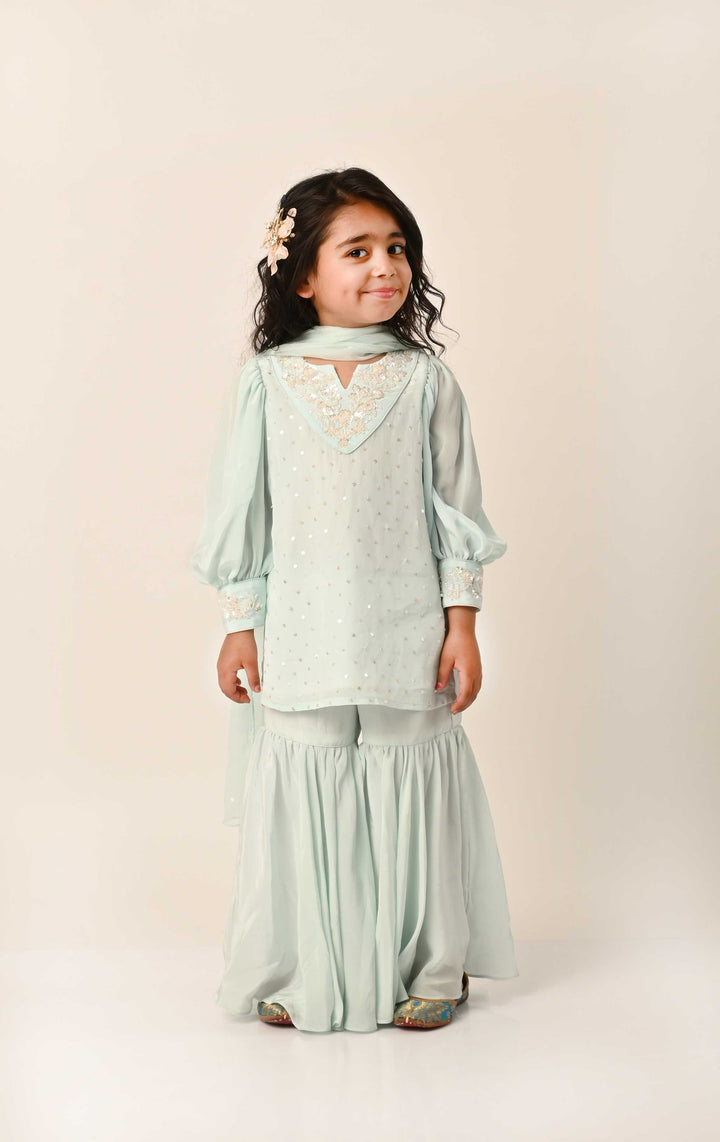 Handcrafted luxury aqua blue sharara outfit girls traditional festive Dubai Hyderabad