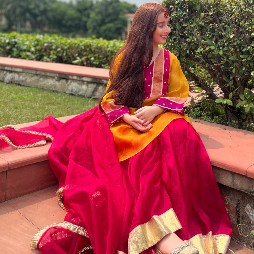 Premium designer sharara set in mustard and pink for girls for NRI weddings in Qatar