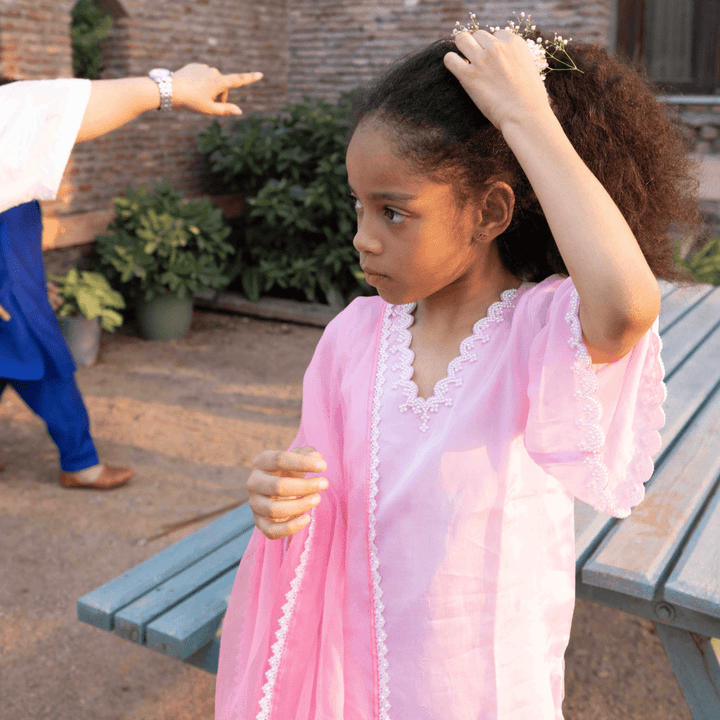 Handcrafted pink ethnic kidswear – reception fashion for Saudi Arabia and Gurgaon celebrations