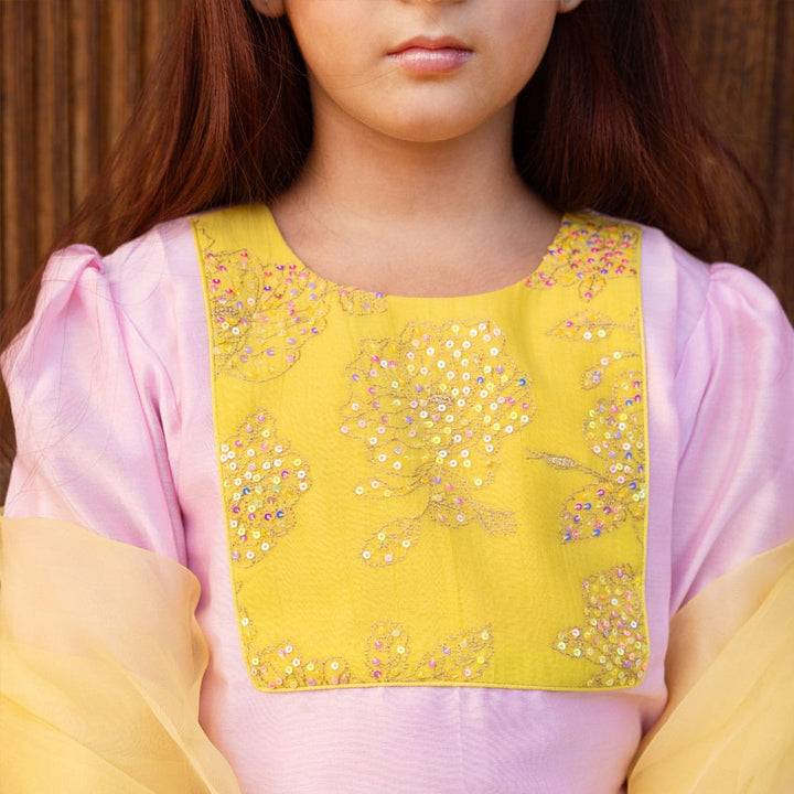 Handcrafted yellow and pink salwar kameez girls ethnic haldi celebration outfit Singapore Saudi Arabia