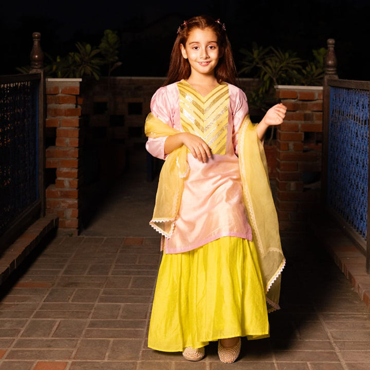 Handcrafted festive yellow sharara set for girls – beautiful ethnic outfit for parties in Mumbai and Singapore.