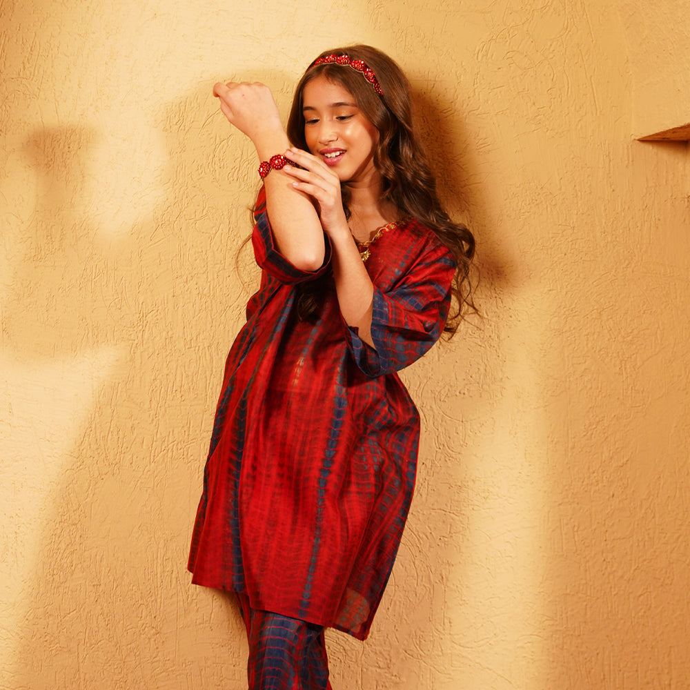 Diwali special girls kaftan set in wine maroon and indigo tie dye with golden handwork