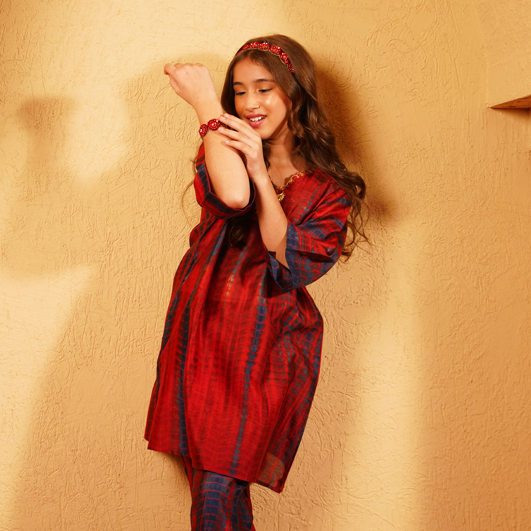 Diwali special girls kaftan set in wine maroon and indigo tie dye with golden handwork