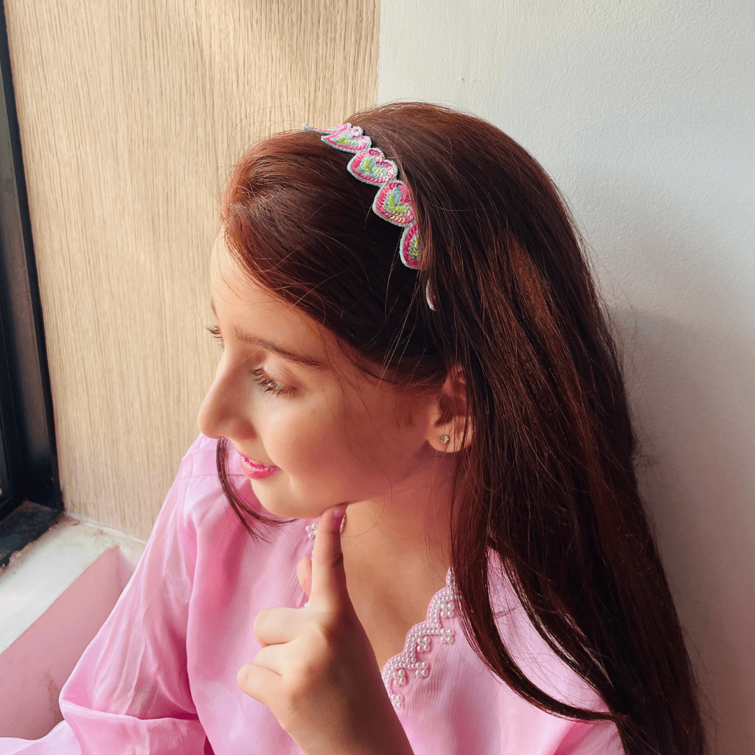 Multicolored heart hair accessory, no-itch design, perfect for ethnic festive wear like anarkalis and shararas.