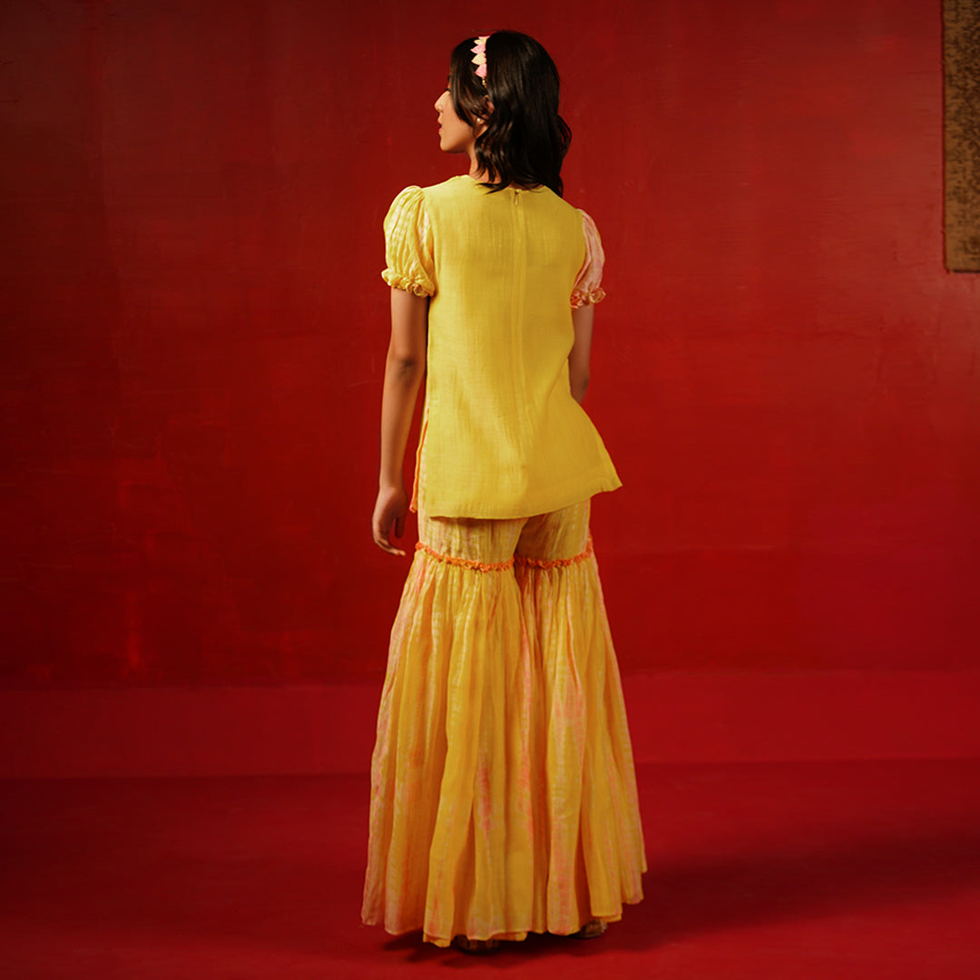 Yellow chanderi sharara set for girls artisan scallop embroidery Ahmedabad weddings