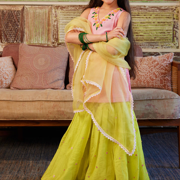 South Delhi sharara girls artisan golden work festive outfit Diwali weddings Onam India