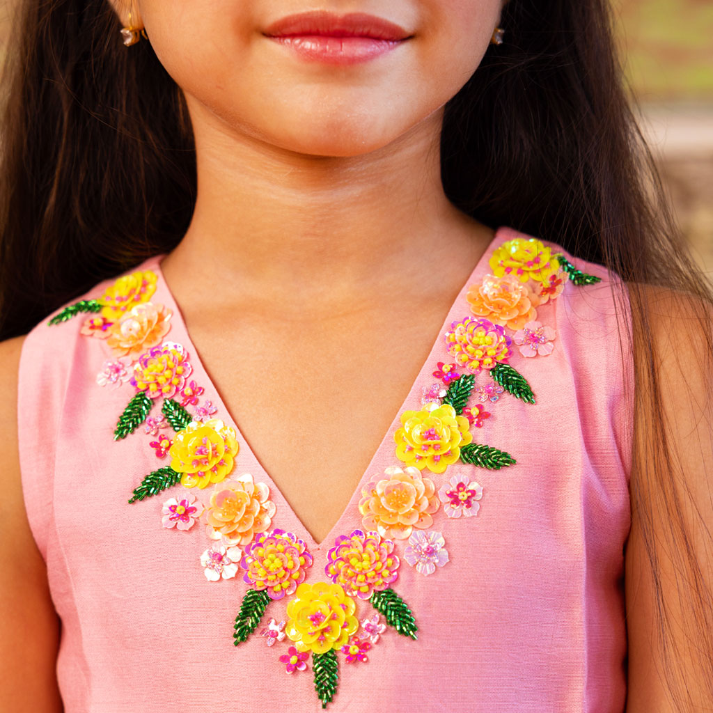 Artisan sharara girls Durga Puja festive golden embroidery outfit Mumbai Ahmedabad UAE