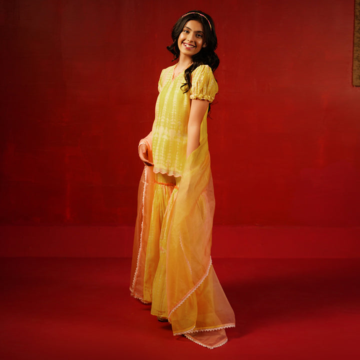 Designer yellow tie-dye chanderi sharara outfit weddings Diwali kidswear