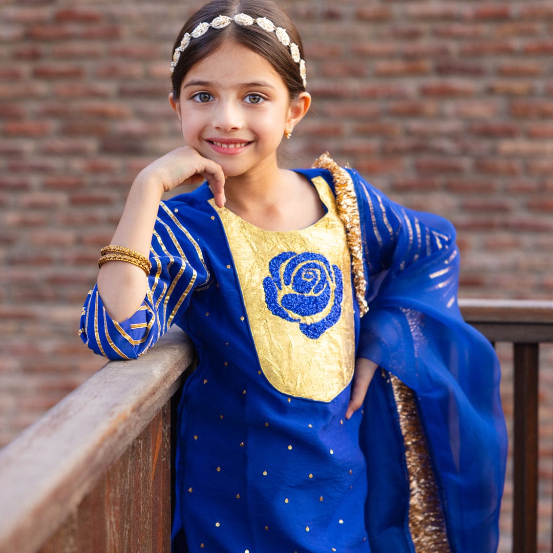 Luxury Persian blue and golden suit salwar for girls for Indian wedding in South Delhi