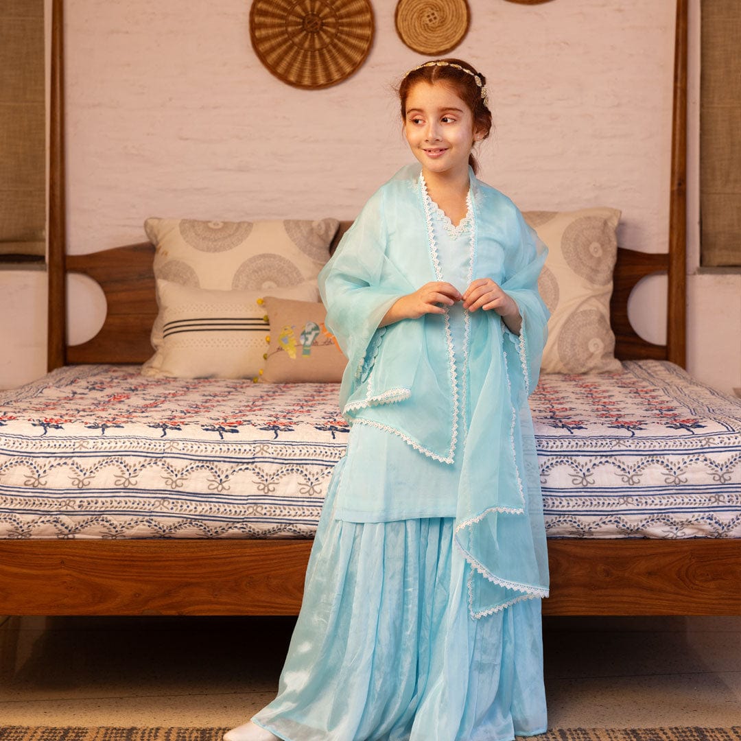 Luxury aqua blue sharara set girls ethnic wear traditional fashion Delhi Singapore
