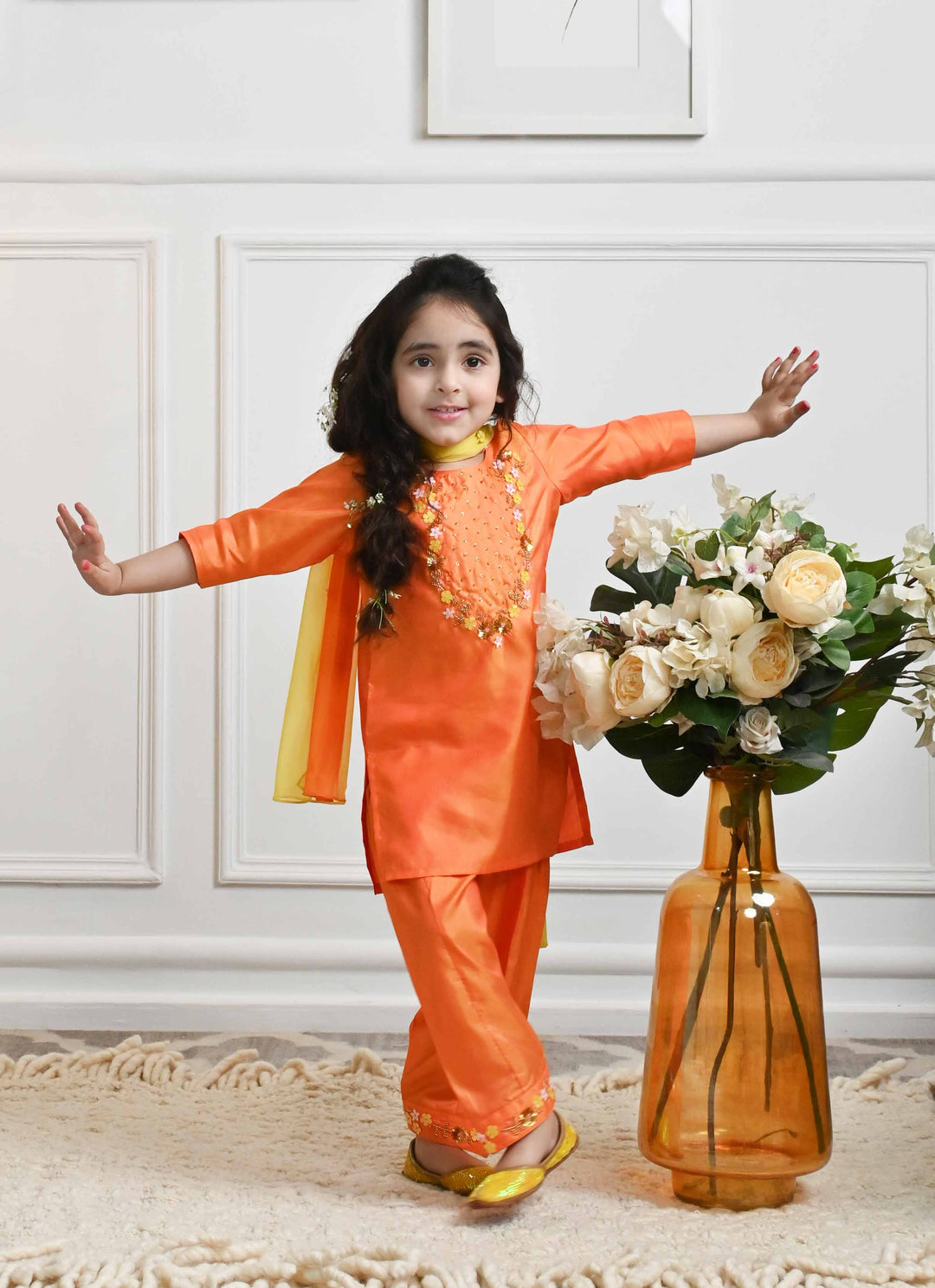 Luxury bright orange silk suit salwar for girls for Gurgaon weddings