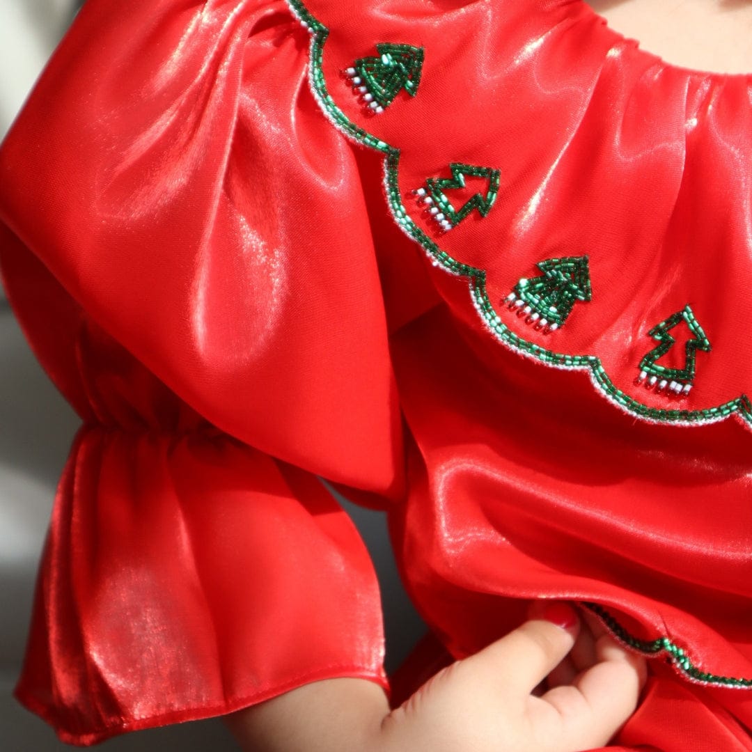 Luxury girls Christmas outfit red hand-embroidered top Mumbai