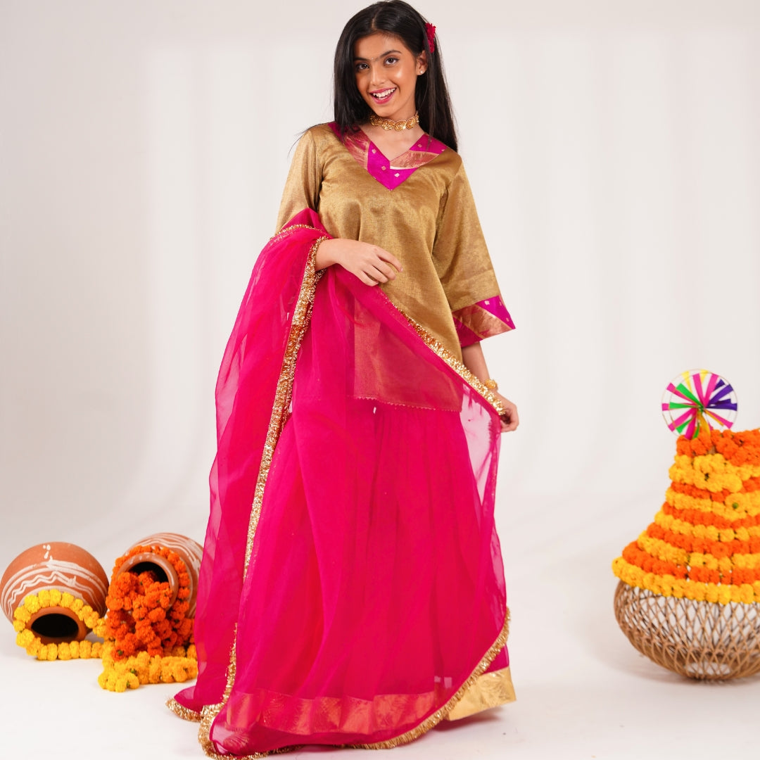 Emotional festive kids outfit golden brocade A-line suit with pink sharara for Diwali