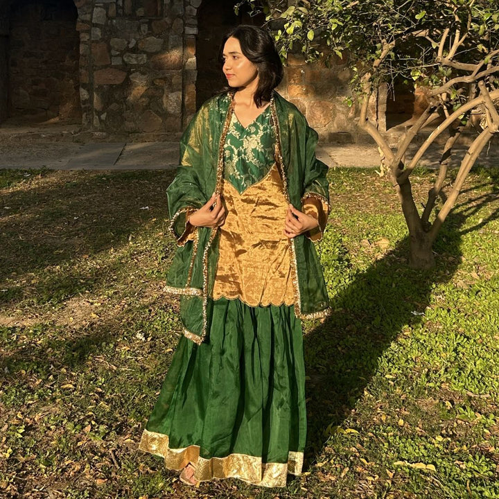 Luxury golden tissue kurta green sharara for girls for Hyderabad sangeet