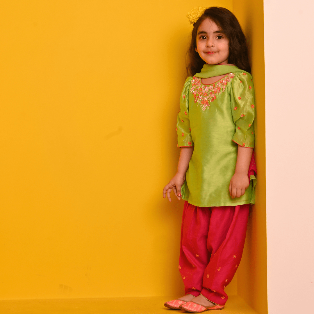 Luxury handcrafted parrot green and pink suit salwar girls ethnic fashion Singapore Hyderabad