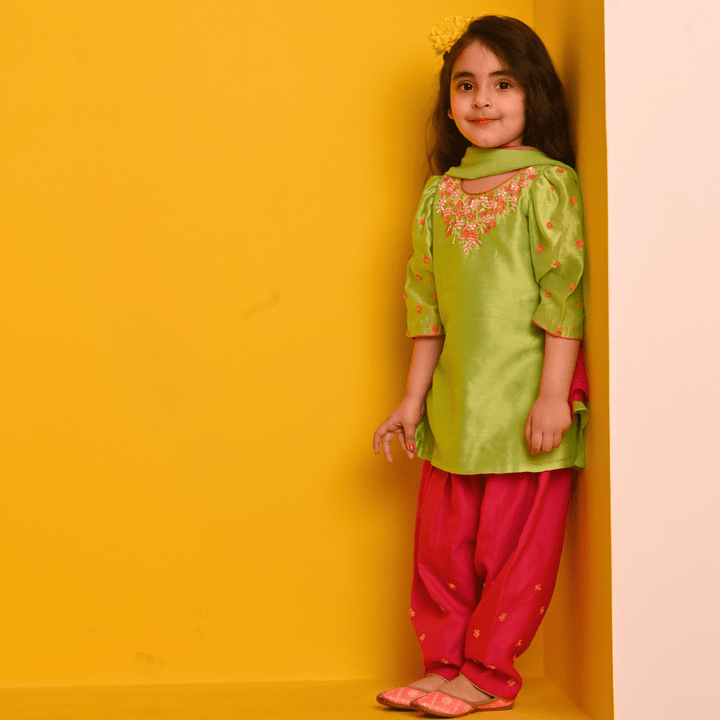Luxury handcrafted parrot green and pink suit salwar girls ethnic fashion Singapore Hyderabad