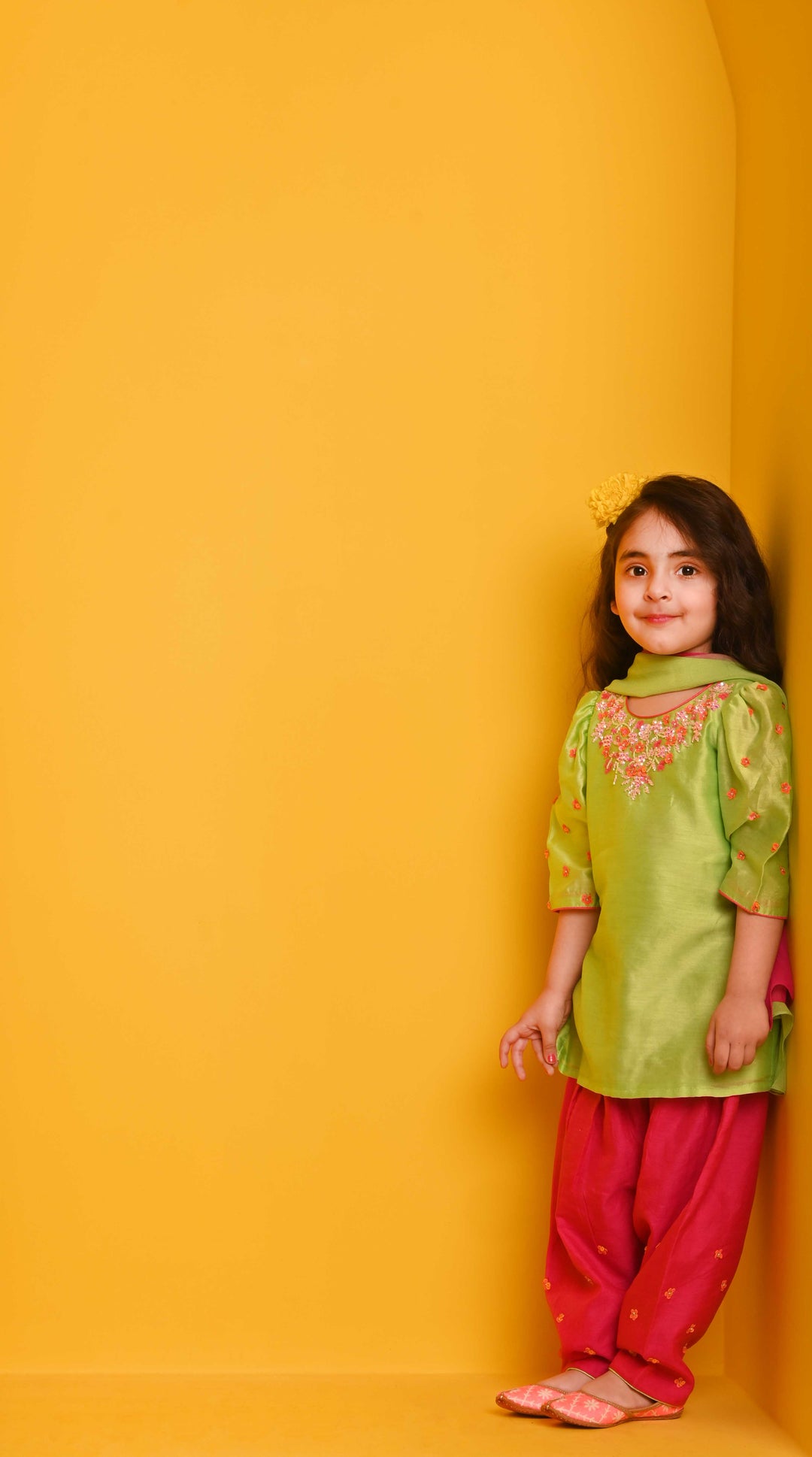 Luxury kids ethnic wear parrot green suit and fuchsia salwar Saudi Arabia India