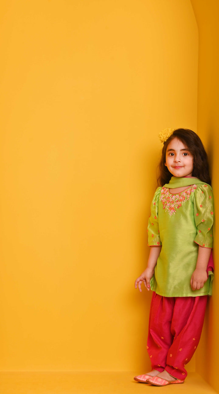 Luxury kids ethnic wear parrot green suit and fuchsia salwar Saudi Arabia India
