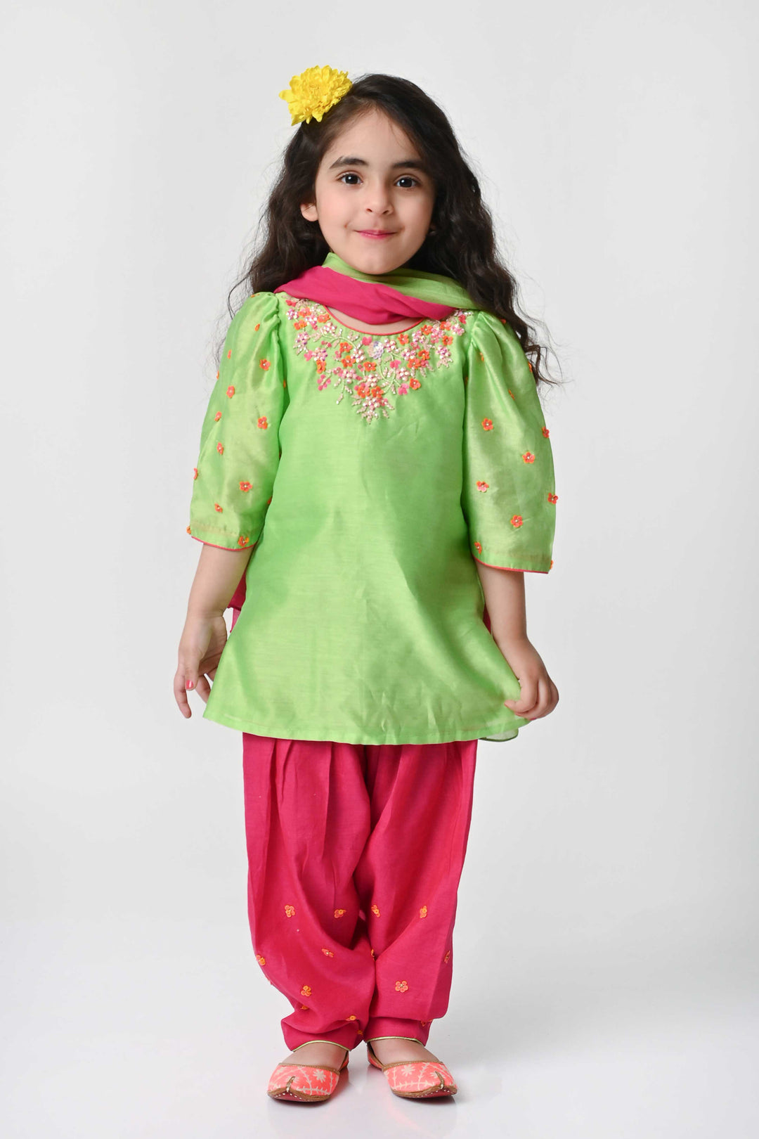 Luxury kids parrot green and fuchsia pink salwar kameez designer wedding outfit Gurgaon Dubai