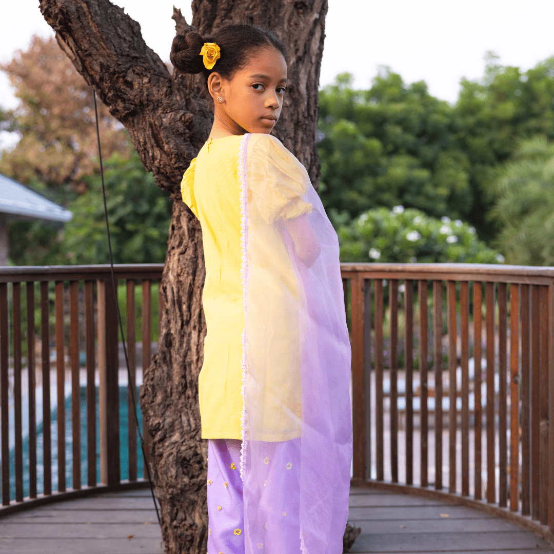 Luxury kids yellow suit and lilac salwar elegant wedding wear Gurgaon Dubai