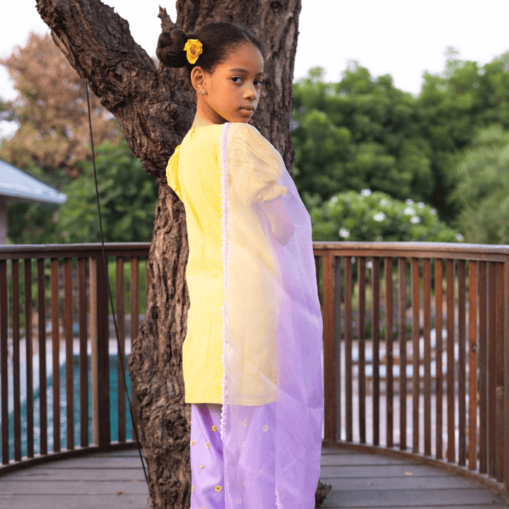 Luxury kids yellow suit and lilac salwar elegant wedding wear Gurgaon Dubai
