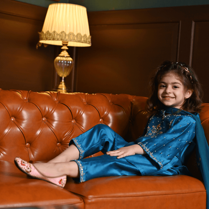 Luxury kidswear Blue suit salwar for girls for haldi and sangeet in Qatar