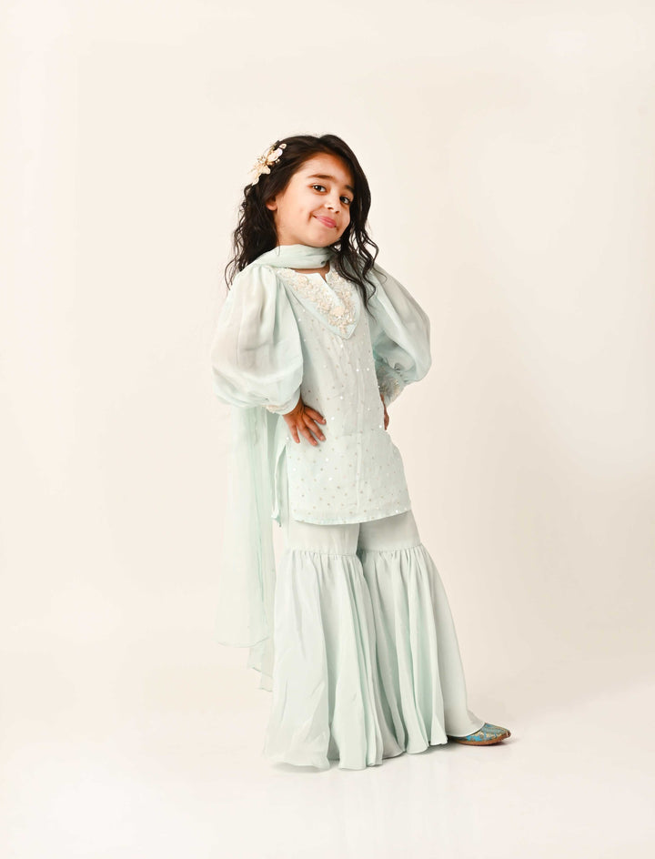 Luxury kidswear aqua blue sharara suit handcrafted wedding attire UAE Hyderabad