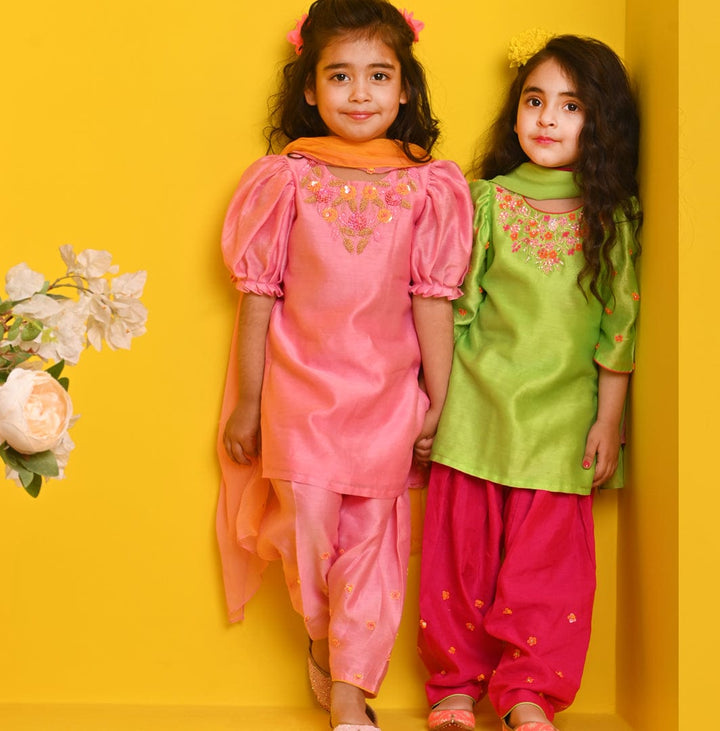 Peach hand-embellished salwar suit for girls with mulmul lining for haldi in Hyderabad