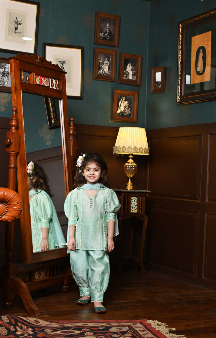 Luxury kidswear sea green suit salwar for girls for reception in Qatar
