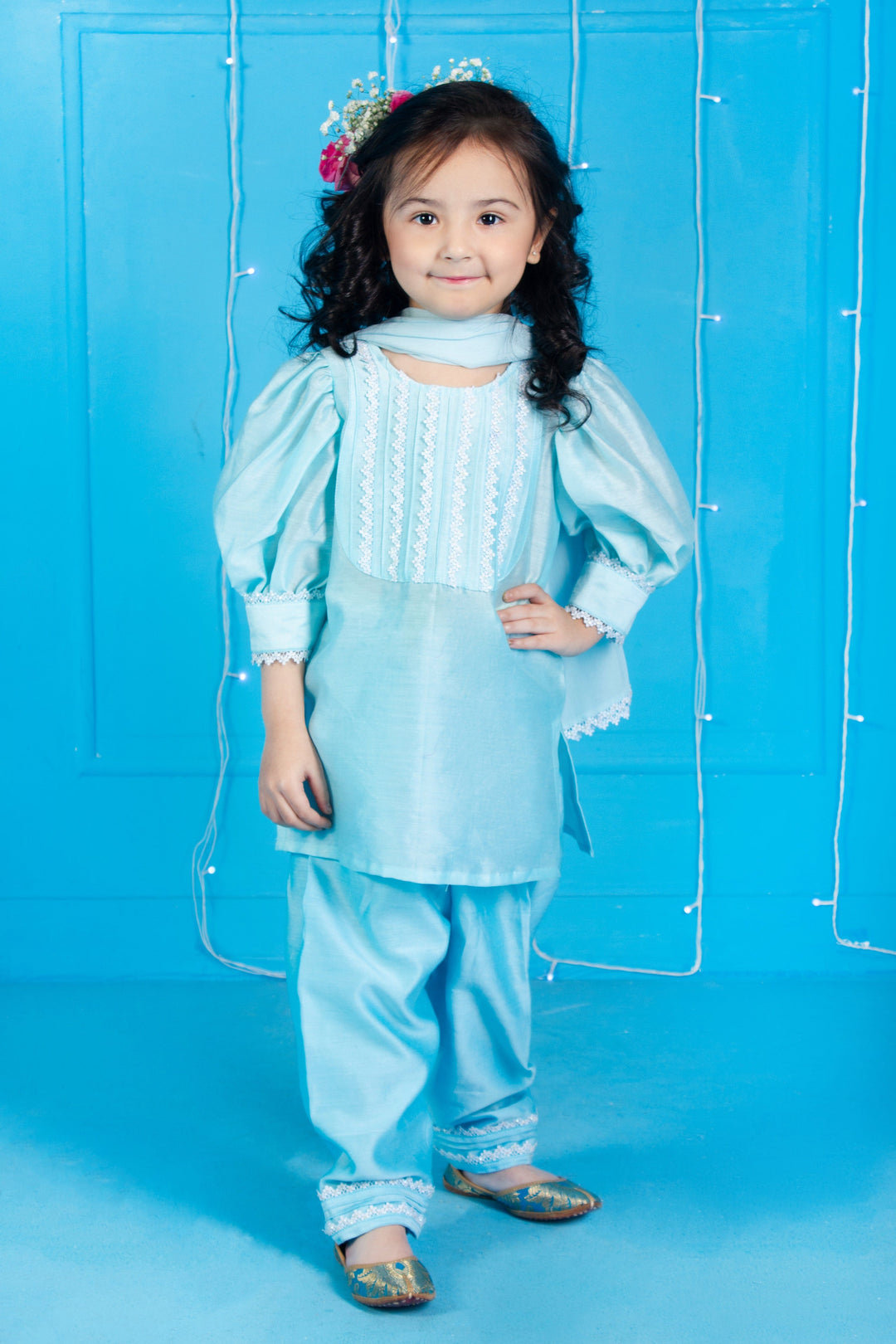 Luxury kidswear sky blue ethnic wear for girls for haldi and sangeet in Qatar