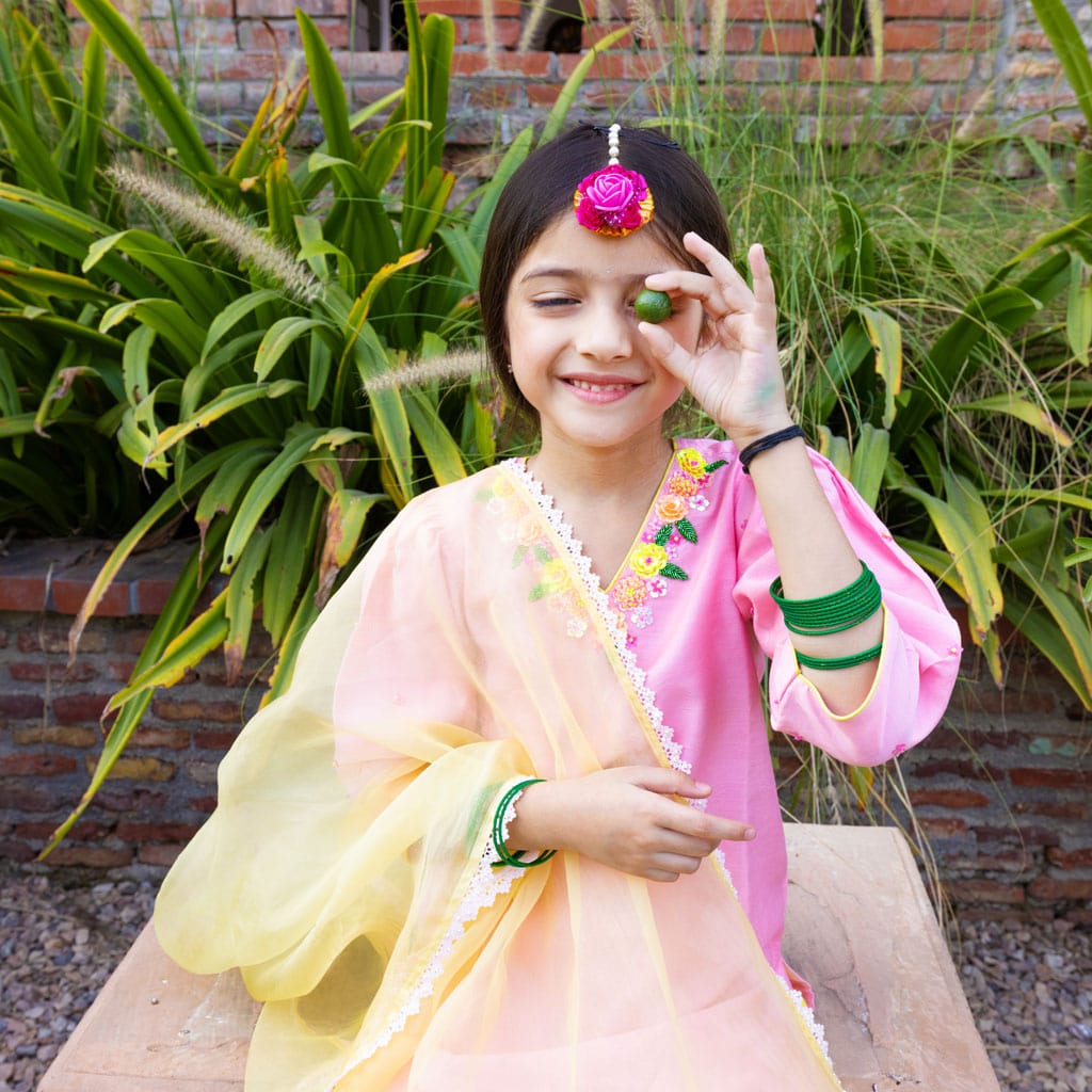 Pastel peach organza salwar suit with embellishments for haldi function in Gurgaon