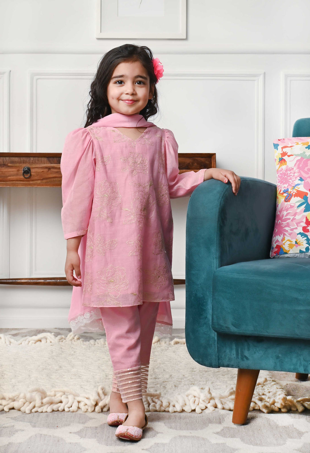 Luxury pink hand-embroidered ethnic wear for girls for Eid celebrations in Qatar