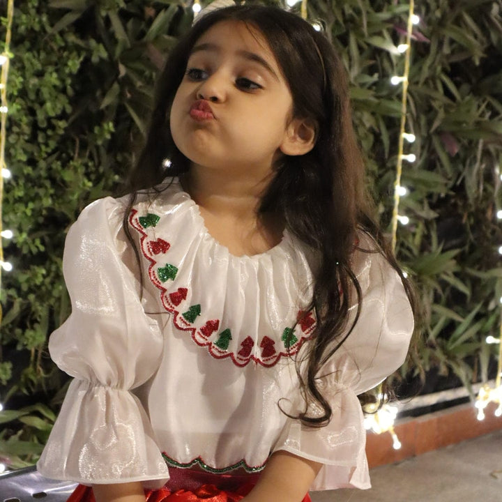 Luxury white embroidered girls top for Christmas party in Gurgaon